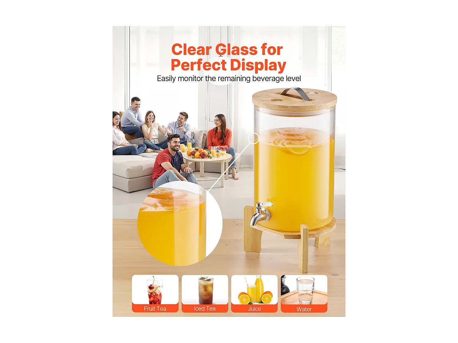 Dozownik Napojów SucceBuy, Duża Pojemność 8 L, Szklany Dystrybutor Wody, Dozowanie Wody, Soków, Lemoniady, Mrożonej Herbaty, do Kawy