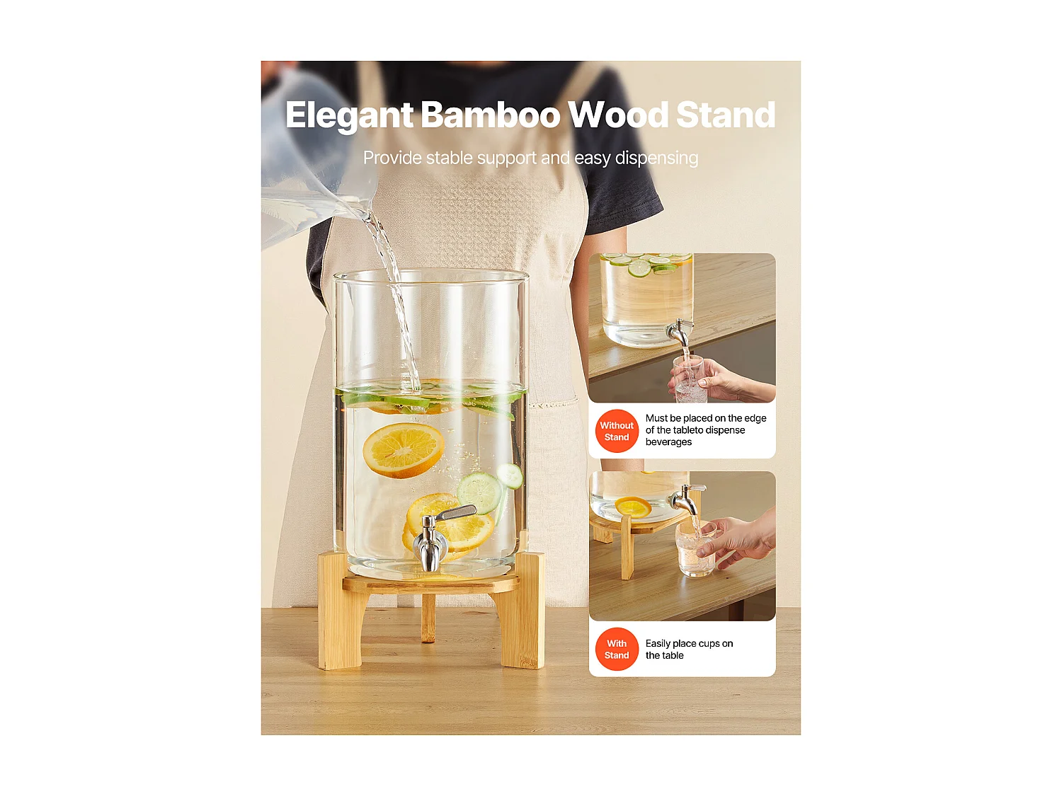 Dozownik Napojów SucceBuy, Duża Pojemność 8 L, Szklany Dystrybutor Wody, Dozowanie Wody, Soków, Lemoniady, Mrożonej Herbaty, do Kawy