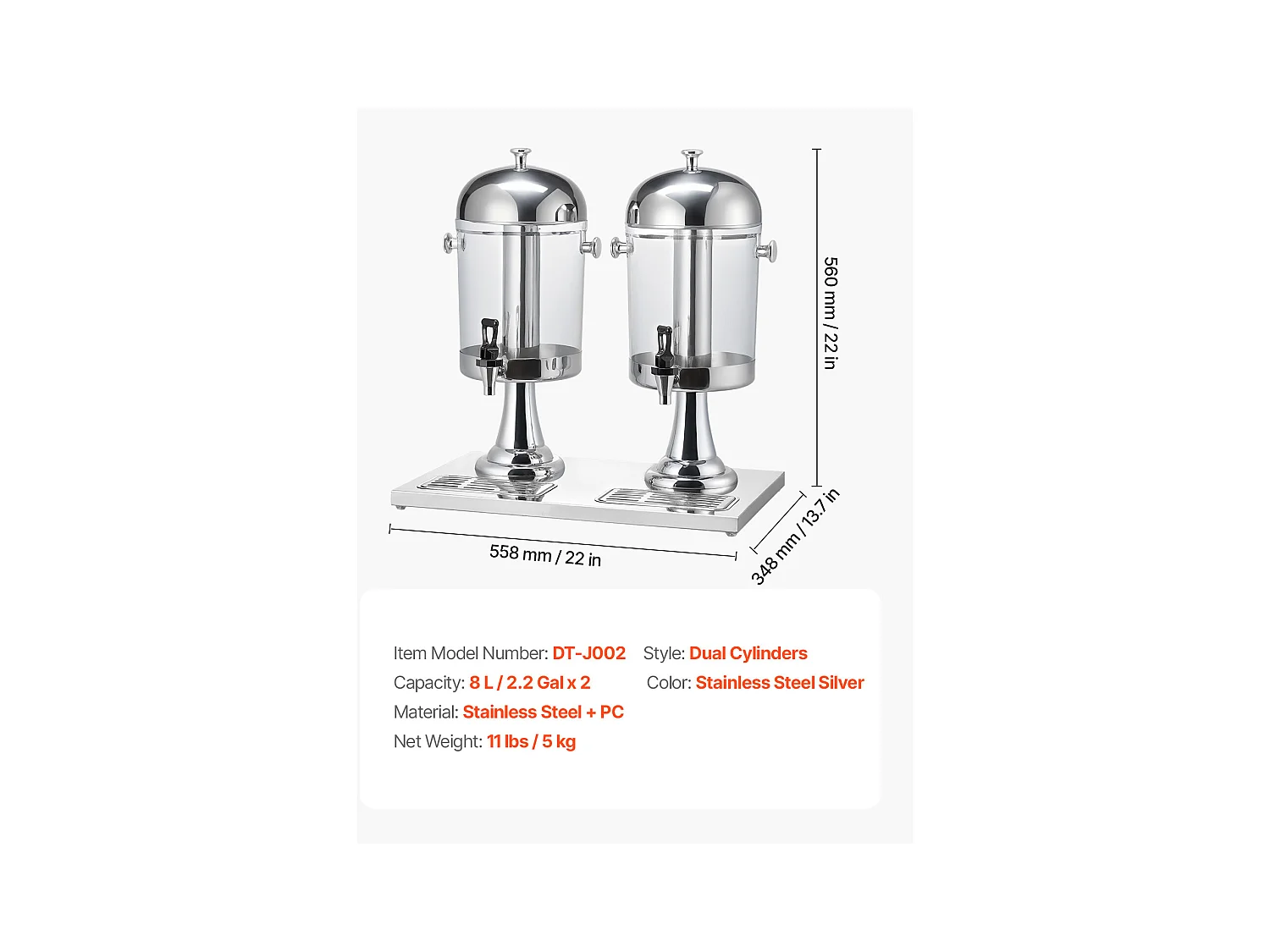 Distributeur de Boissons SucceBuy, Capacité 2x 8 L, Fontaine à Eau en Acier Inoxydable et Plastique, Distribution de Jus Limonade Thé Glacé, Café