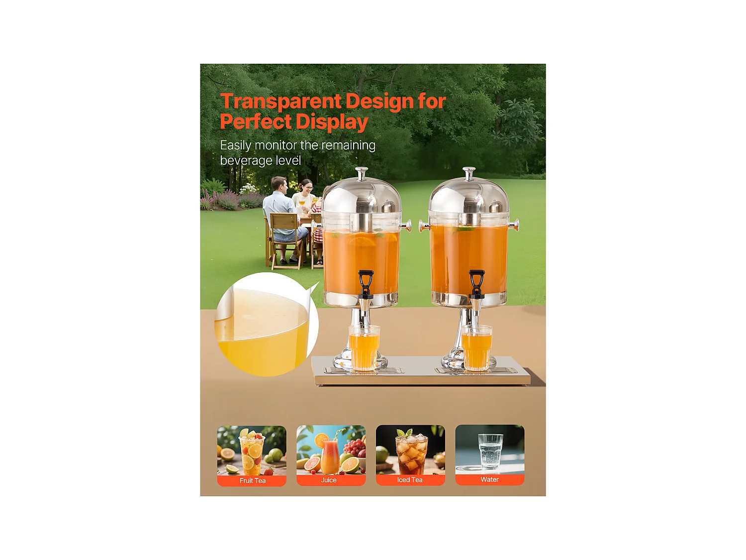 Distributeur de Boissons SucceBuy, Capacité 2x 8 L, Fontaine à Eau en Acier Inoxydable et Plastique, Distribution de Jus Limonade Thé Glacé, Café