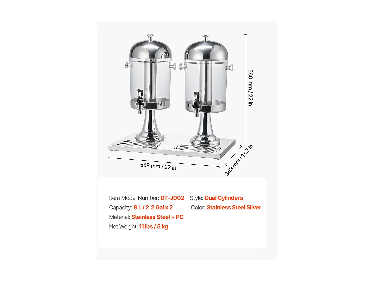 Distributeur de Boissons SucceBuy, Capacité 2x 8 L, Fontaine à Eau en Acier Inoxydable et Plastique, Distribution de Jus Limonade Thé Glacé, Café