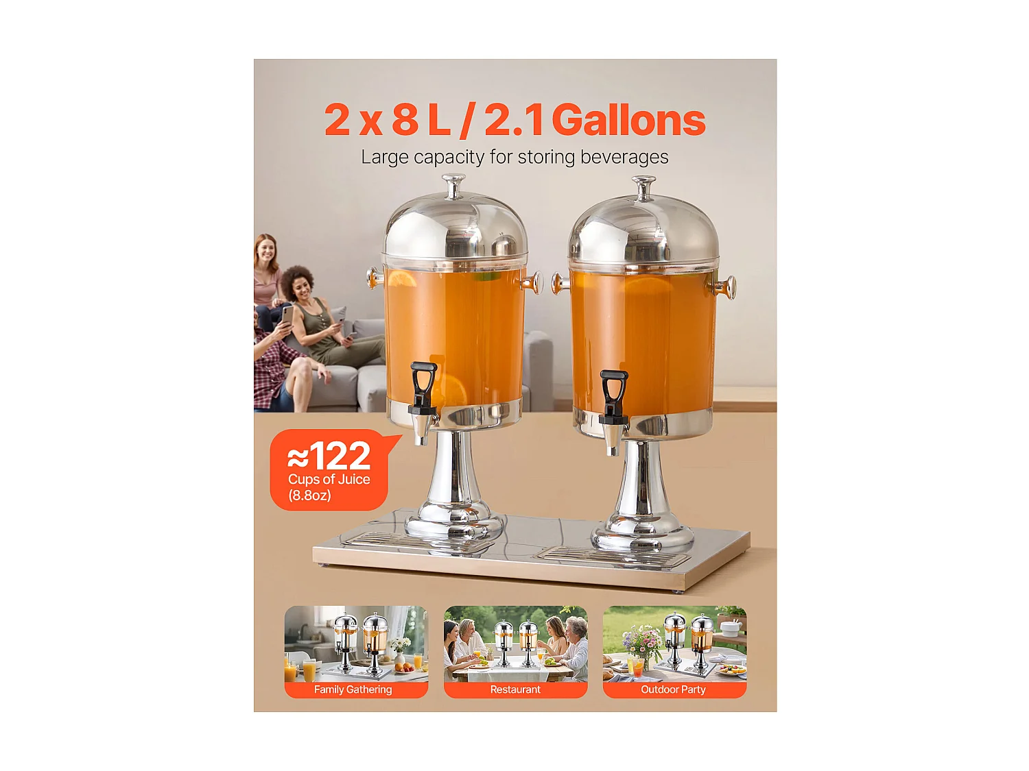 Distributeur de Boissons SucceBuy, Capacité 2x 8 L, Fontaine à Eau en Acier Inoxydable et Plastique, Distribution de Jus Limonade Thé Glacé, Café