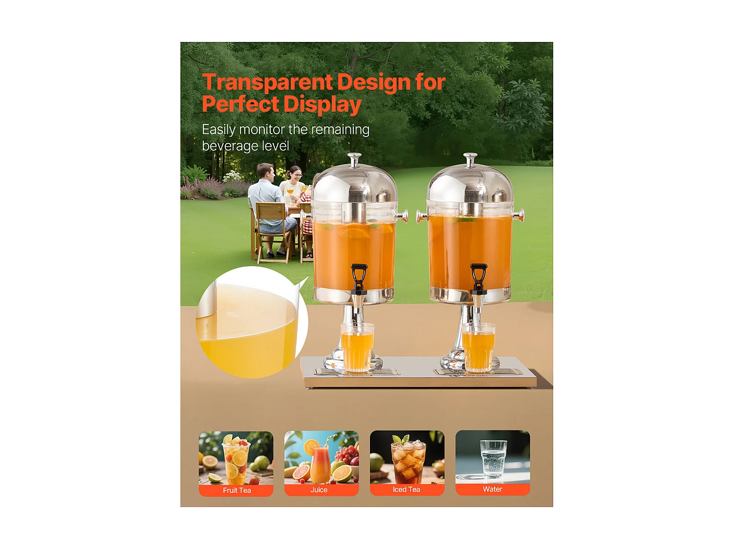 Distributeur de Boissons SucceBuy, Capacité 2x 8 L, Fontaine à Eau en Acier Inoxydable et Plastique, Distribution de Jus Limonade Thé Glacé, Café