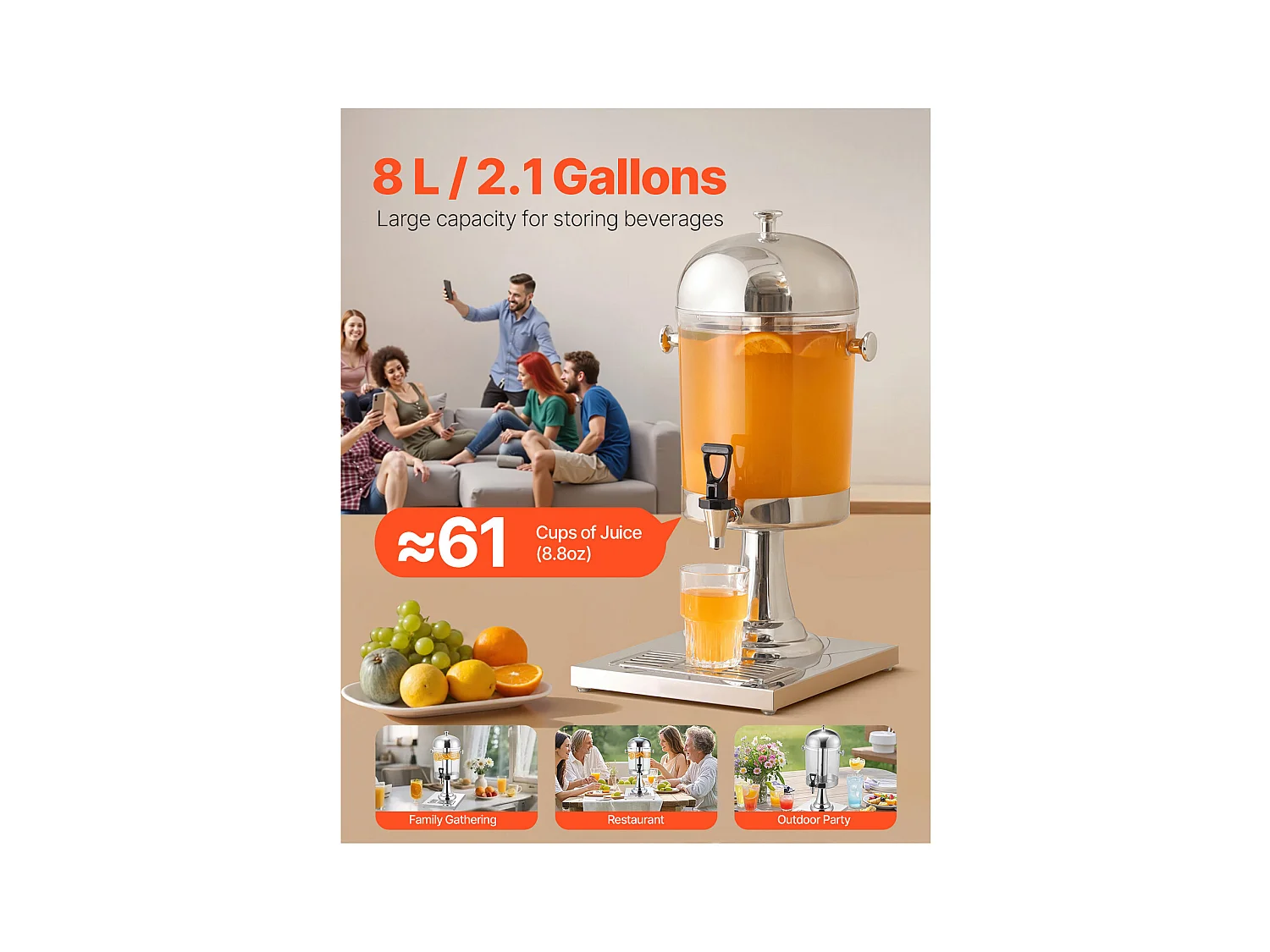 Dozownik Napojów SucceBuy, Pojemność 8 L, Fontanna do Wody Ze Stali Nierdzewnej i Tworzywa Sztucznego, Dystrybucja Soków, Lemoniady, Mrożonej Herbaty, Kawy