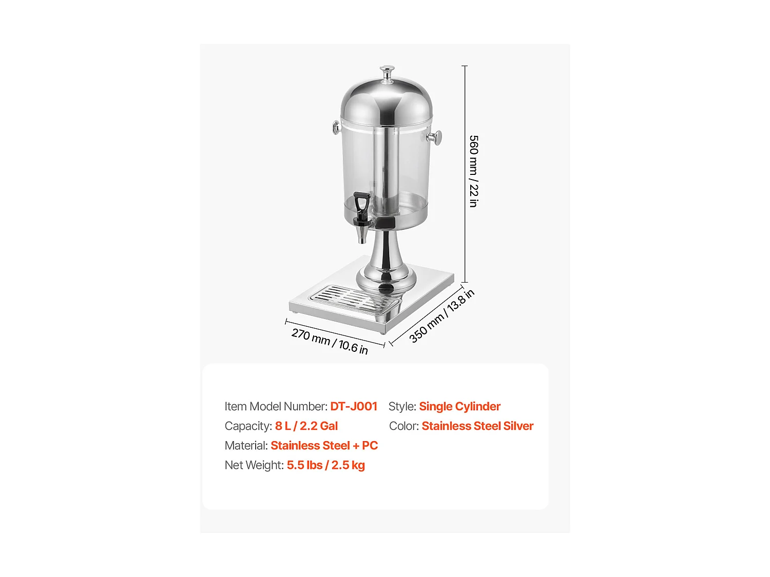 Getränkespender SucceBuy, Fassungsvermögen 8 L, Wasserspender aus Edelstahl und Kunststoff, Ausgabe von Saft, Limonade, Eistee, Kaffee
