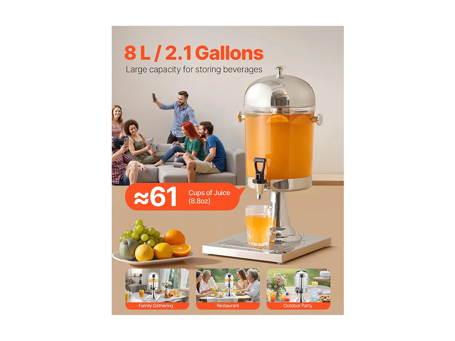 Getränkespender SucceBuy, Fassungsvermögen 8 L, Wasserspender aus Edelstahl und Kunststoff, Ausgabe von Saft, Limonade, Eistee, Kaffee