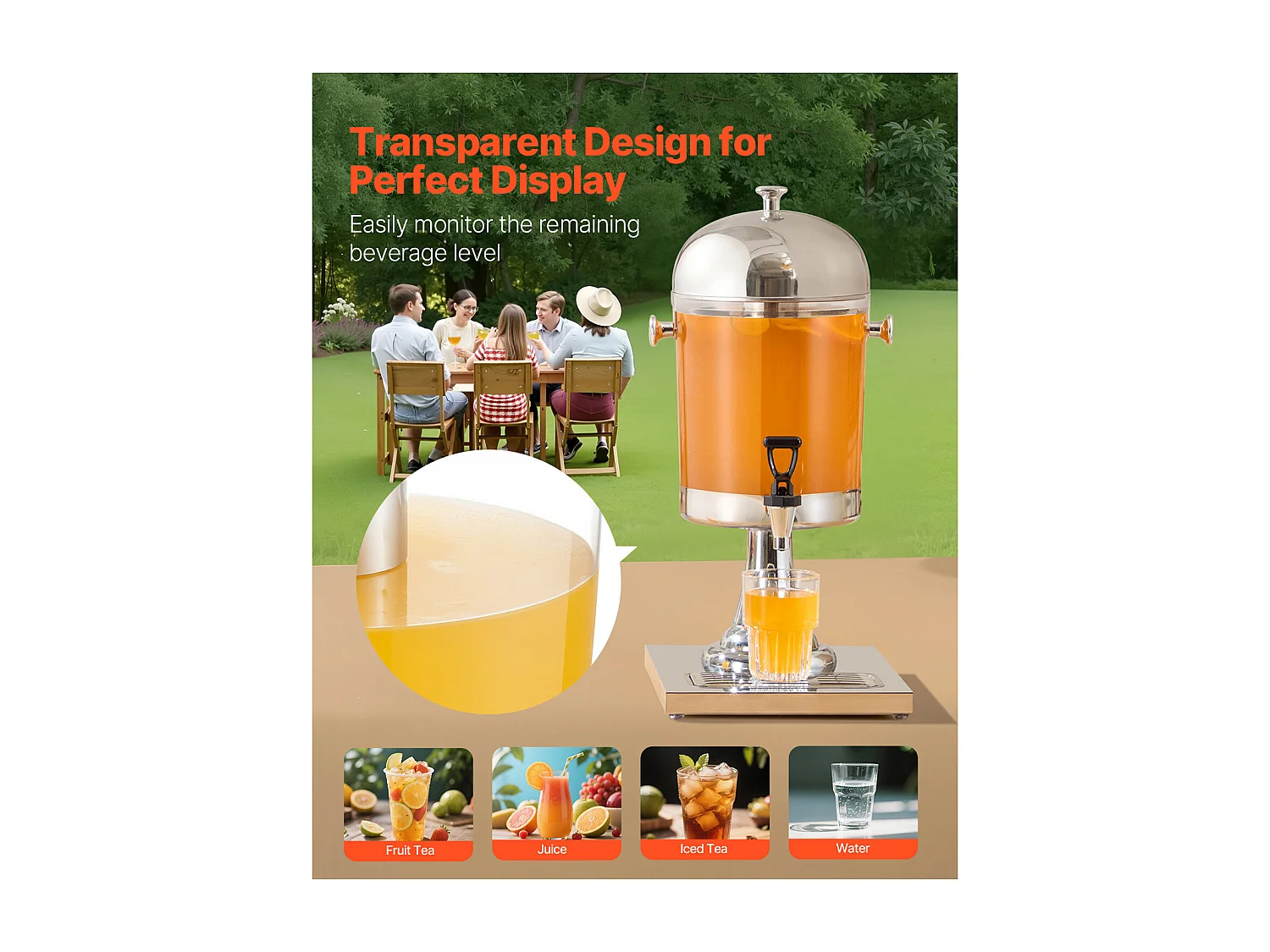 Getränkespender SucceBuy, Fassungsvermögen 8 L, Wasserspender aus Edelstahl und Kunststoff, Ausgabe von Saft, Limonade, Eistee, Kaffee