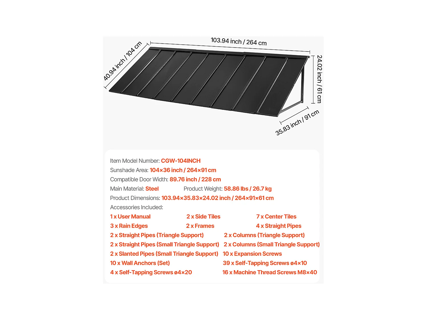 Auvent de Porte d'Entrée SucceBuy, 264x91 cm, Marquise de Porte Extérieure Métal, Cadre Acier, pour Portes d'Entrée, Fenêtres de Porches, Balcons