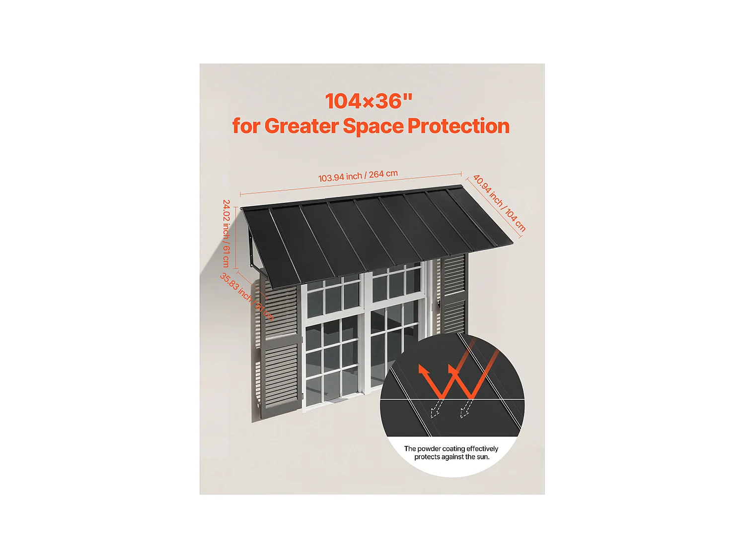 Auvent de Porte d'Entrée SucceBuy, 264x91 cm, Marquise de Porte Extérieure Métal, Cadre Acier, pour Portes d'Entrée, Fenêtres de Porches, Balcons