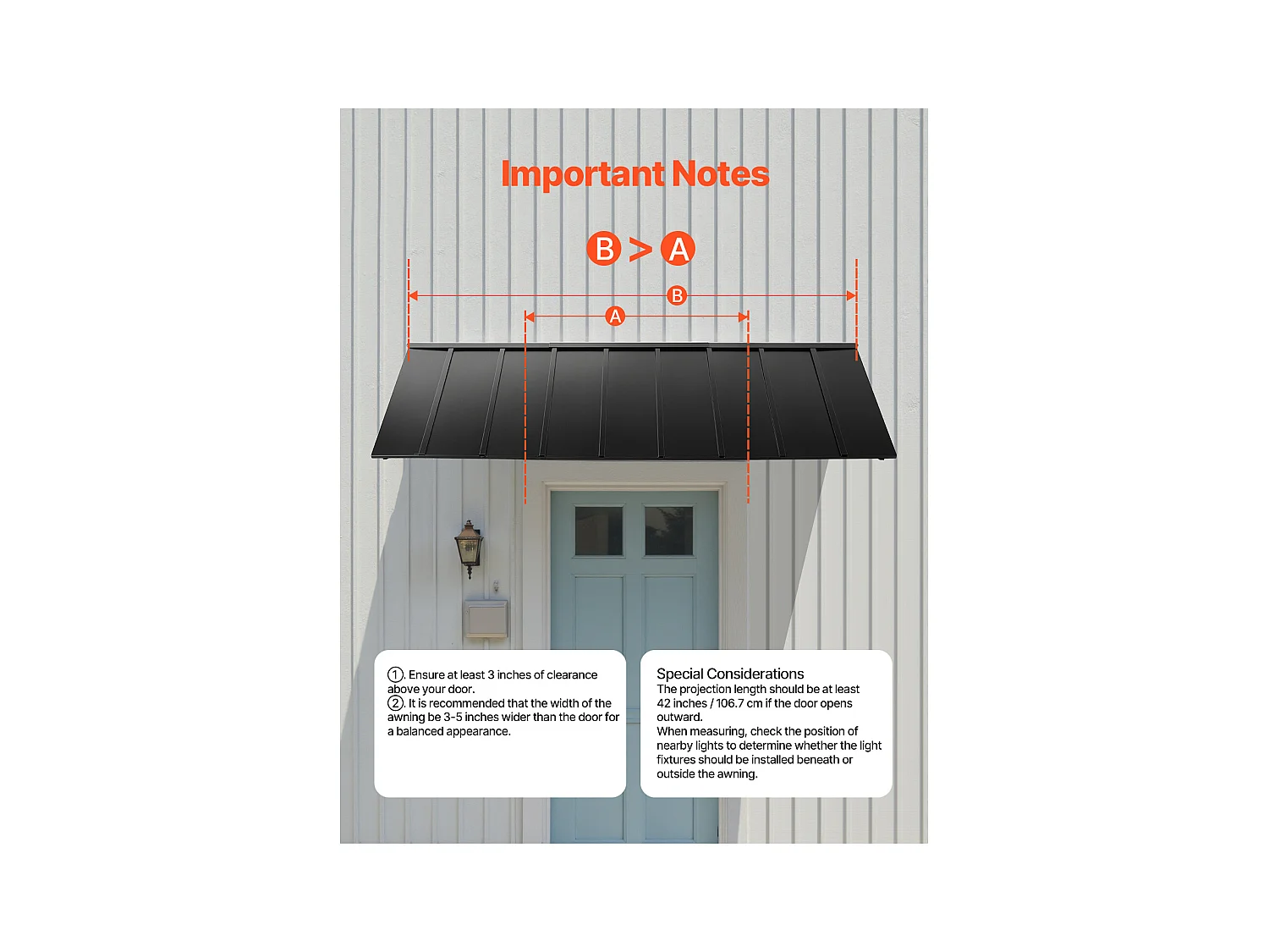 Auvent de Porte d'Entrée SucceBuy, 264x91 cm, Marquise de Porte Extérieure Métal, Cadre Acier, pour Portes d'Entrée, Fenêtres de Porches, Balcons