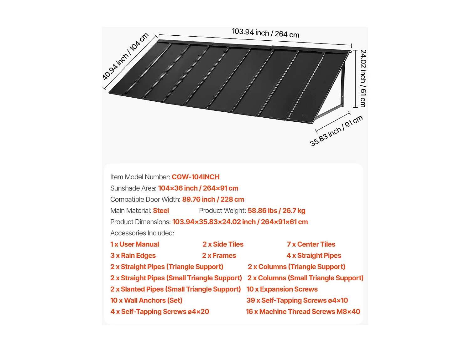 Auvent de Porte d'Entrée SucceBuy, 264x91 cm, Marquise de Porte Extérieure Métal, Cadre Acier, pour Portes d'Entrée, Fenêtres de Porches, Balcons