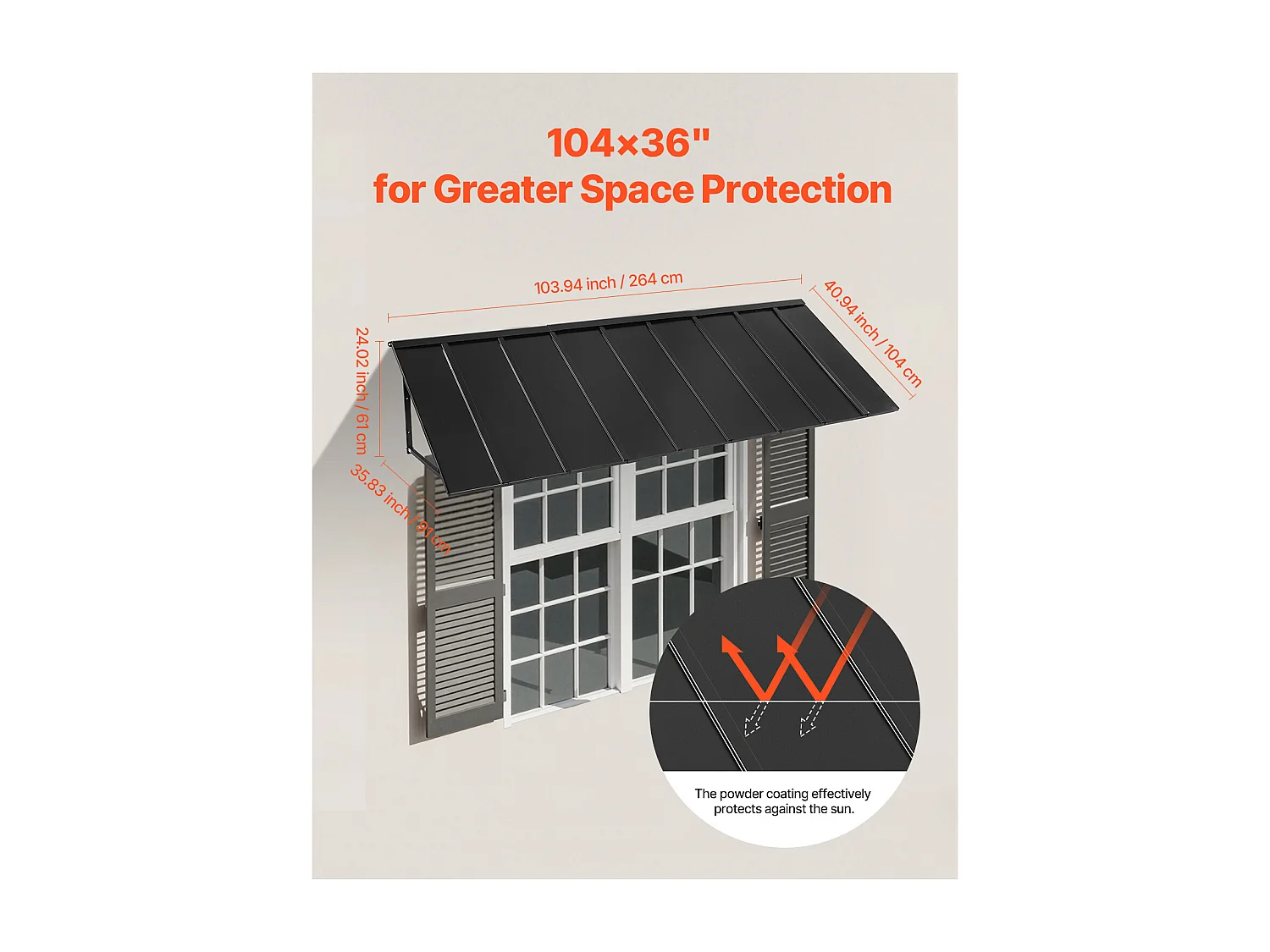 Auvent de Porte d'Entrée SucceBuy, 264x91 cm, Marquise de Porte Extérieure Métal, Cadre Acier, pour Portes d'Entrée, Fenêtres de Porches, Balcons