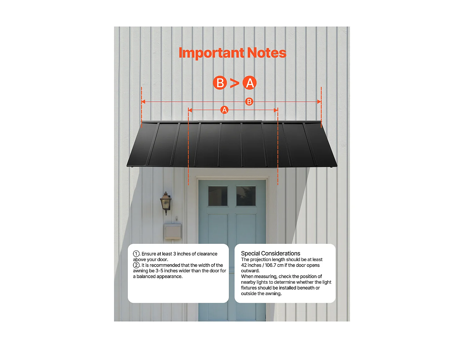 Auvent de Porte d'Entrée SucceBuy, 264x91 cm, Marquise de Porte Extérieure Métal, Cadre Acier, pour Portes d'Entrée, Fenêtres de Porches, Balcons