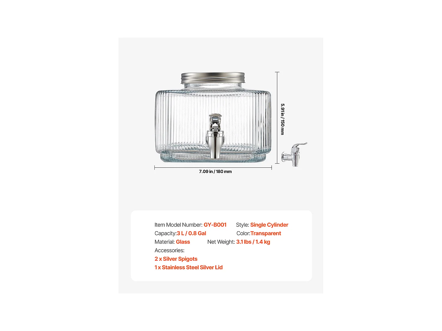 Getränkespender SucceBuy, Fassungsvermögen 3 L, Wasserbrunnen aus Glas, Ausgabe von Wasser, Saft, Limonade, Eistee, für Kaffee