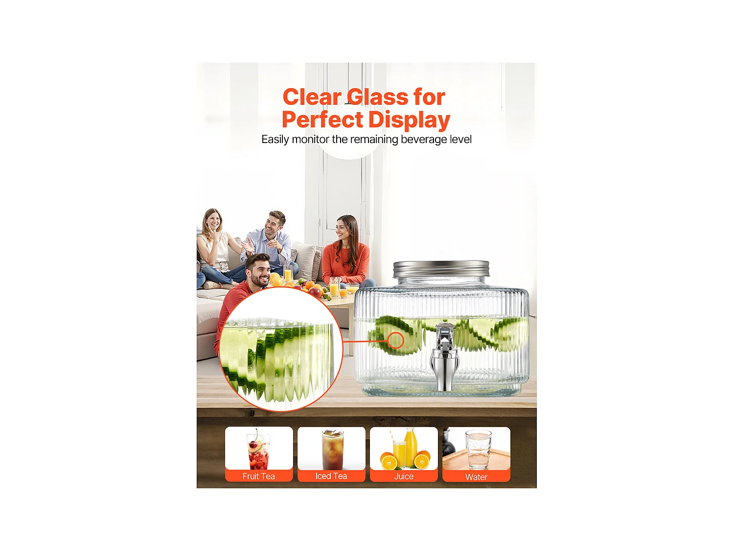 Getränkespender SucceBuy, Fassungsvermögen 3 L, Wasserbrunnen aus Glas, Ausgabe von Wasser, Saft, Limonade, Eistee, für Kaffee