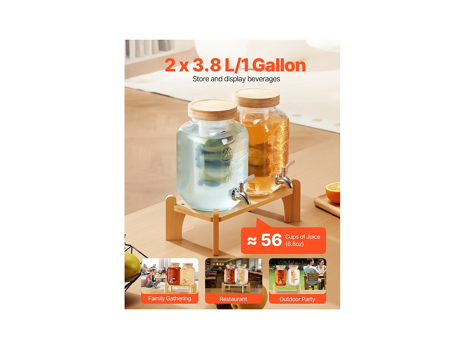 Distributeur de Boissons SucceBuy, Capacité de 3,8 L, 2PCs, Fontaine à Eau en Verre, Distribution d’Eau Jus Limonade Thé Glacé, pour Café