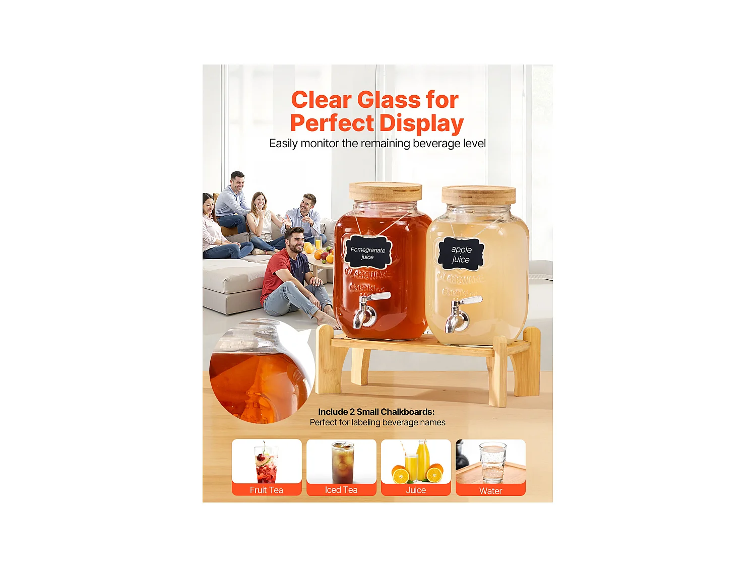 Distributeur de Boissons SucceBuy, Capacité de 3,8 L, 2PCs, Fontaine à Eau en Verre, Distribution d’Eau Jus Limonade Thé Glacé, pour Café