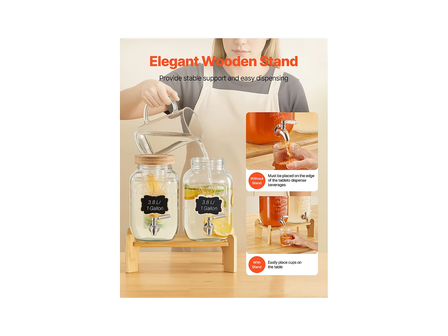 Distributeur de Boissons SucceBuy, Capacité de 3,8 L, 2PCs, Fontaine à Eau en Verre, Distribution d’Eau Jus Limonade Thé Glacé, pour Café