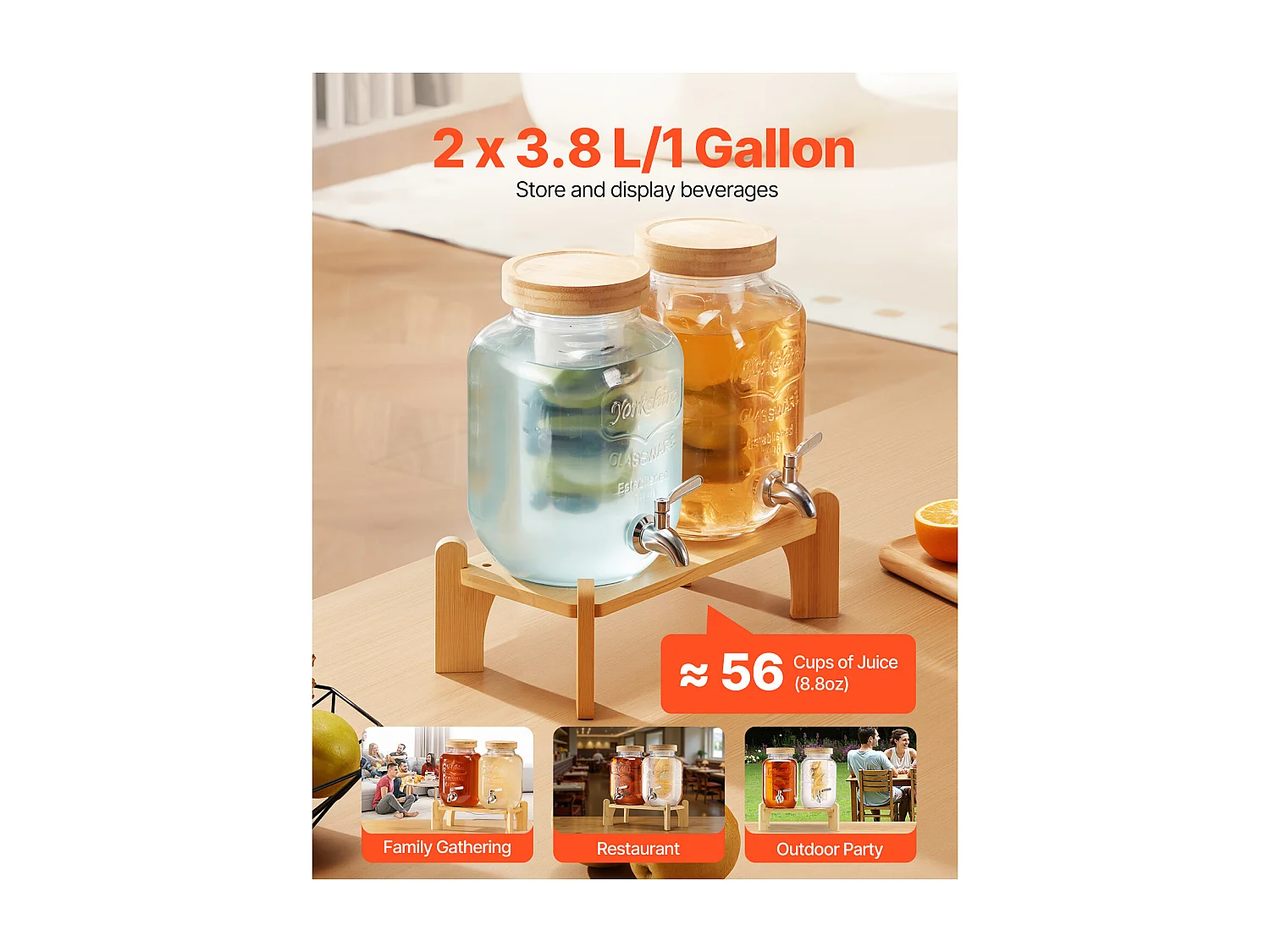 Distribuidor de Bebidas SucceBuy, Capacidade de 3,8 L, 2 Unidades, Fonte de Água em Vidro, Distribuição de Água, Sumo, Limonada, Chá Gelado, para Café