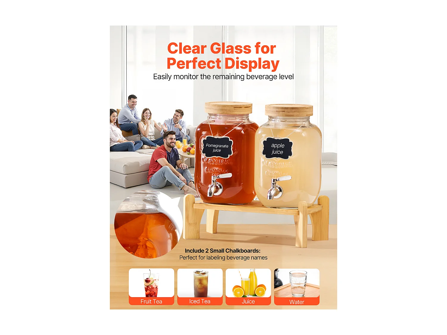 Distribuidor de Bebidas SucceBuy, Capacidade de 3,8 L, 2 Unidades, Fonte de Água em Vidro, Distribuição de Água, Sumo, Limonada, Chá Gelado, para Café