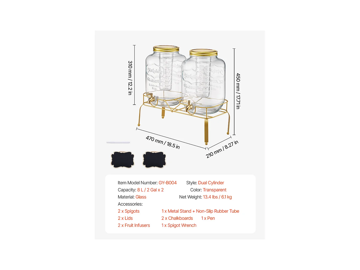 Distributeur de Boissons SucceBuy, Capacité de 8 L, 2PCs, Fontaine à Eau en Verre, Distribution d’Eau Jus Limonade Thé Glacé, pour Café