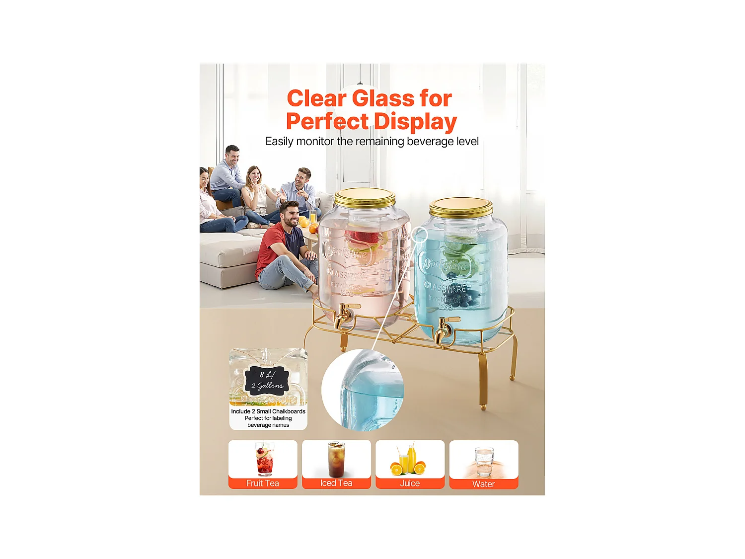 Distributeur de Boissons SucceBuy, Capacité de 8 L, 2PCs, Fontaine à Eau en Verre, Distribution d’Eau Jus Limonade Thé Glacé, pour Café