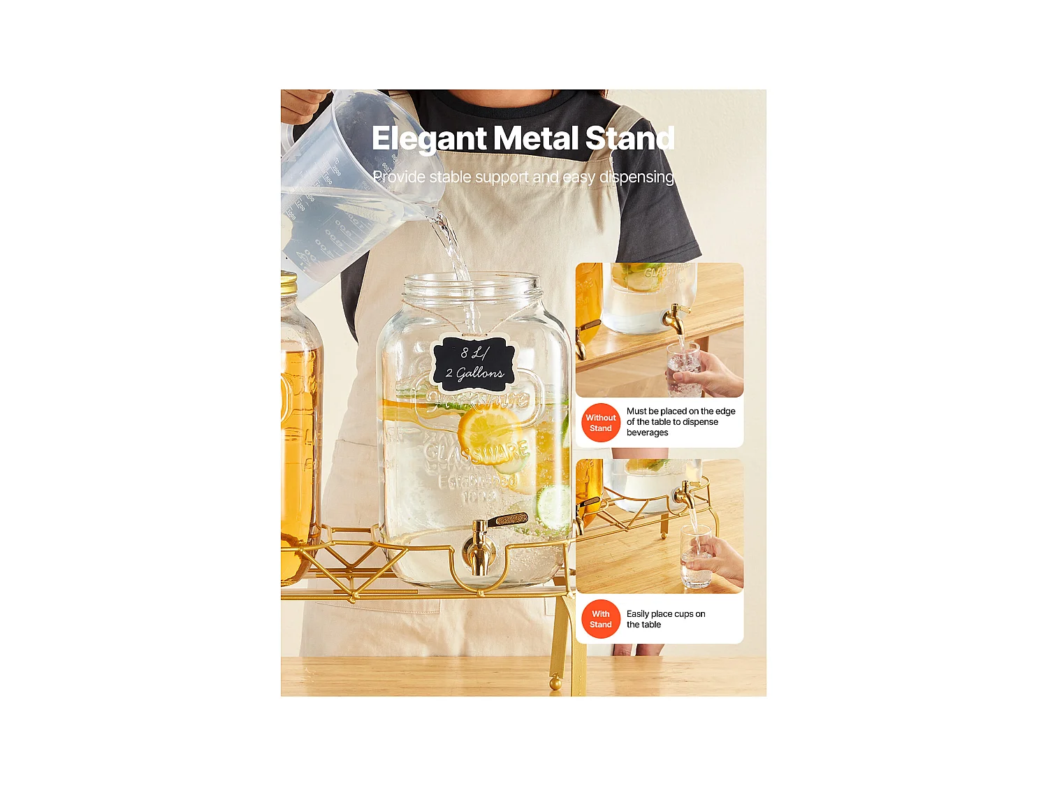 Distributeur de Boissons SucceBuy, Capacité de 8 L, 2PCs, Fontaine à Eau en Verre, Distribution d’Eau Jus Limonade Thé Glacé, pour Café