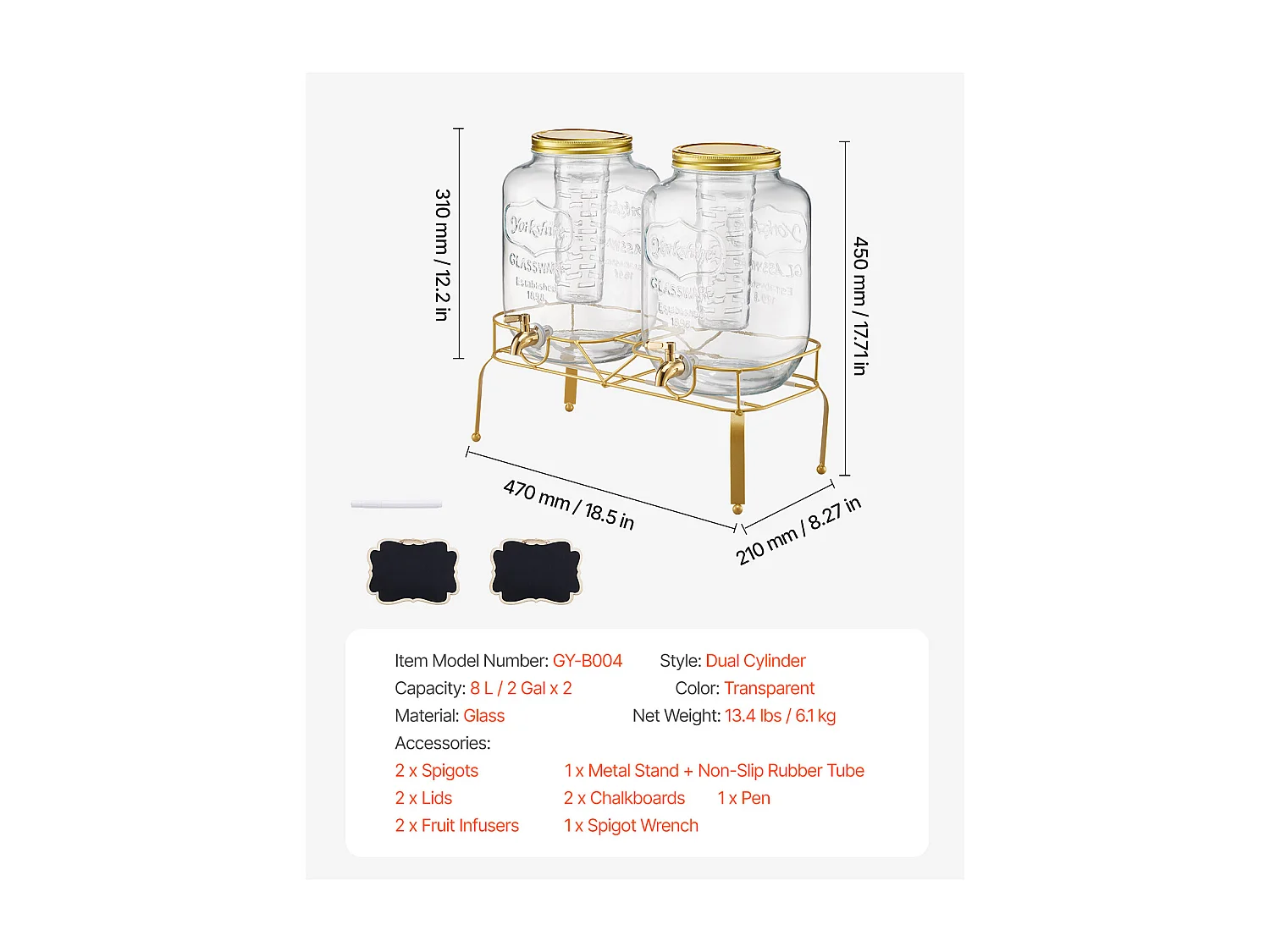 Distributeur de Boissons SucceBuy, Capacité de 8 L, 2PCs, Fontaine à Eau en Verre, Distribution d’Eau Jus Limonade Thé Glacé, pour Café