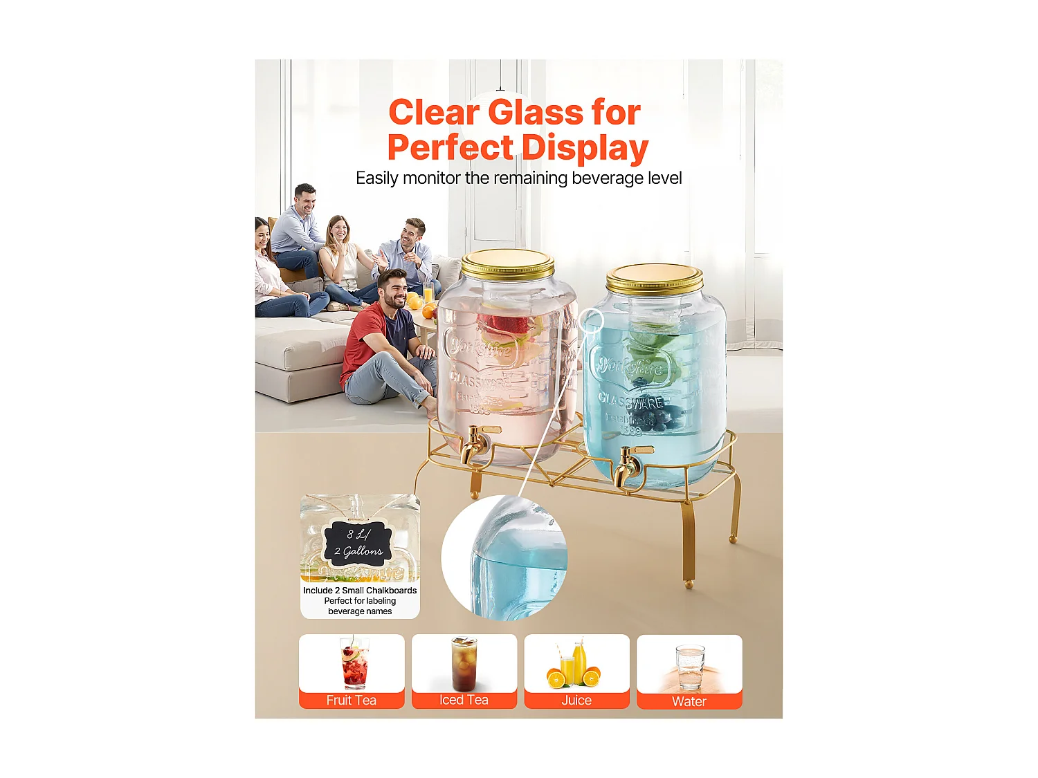 Distributeur de Boissons SucceBuy, Capacité de 8 L, 2PCs, Fontaine à Eau en Verre, Distribution d’Eau Jus Limonade Thé Glacé, pour Café