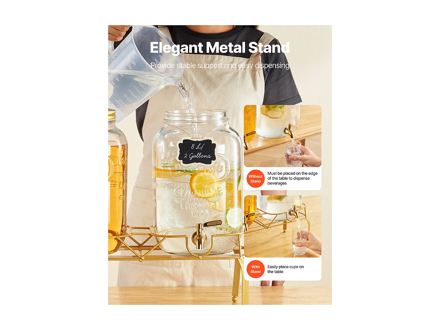 Distributeur de Boissons SucceBuy, Capacité de 8 L, 2PCs, Fontaine à Eau en Verre, Distribution d’Eau Jus Limonade Thé Glacé, pour Café