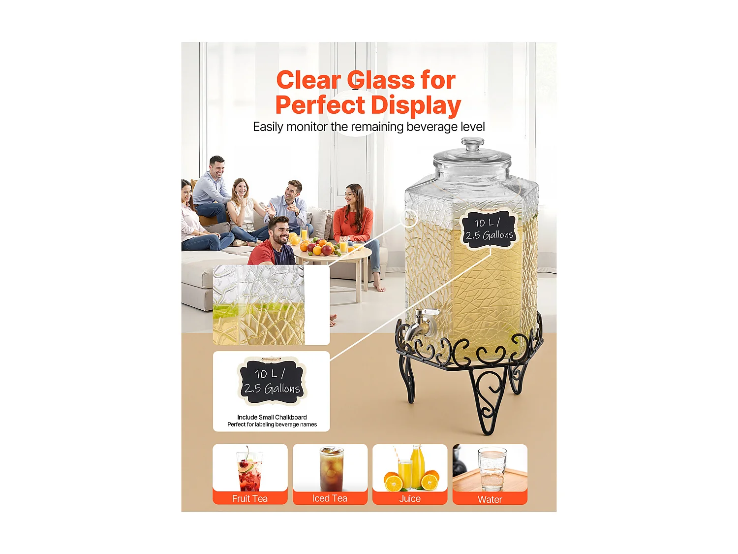 Drankautomaat SucceBuy, Grote Capaciteit 10 L, Glazen Waterfontein, Distributie van Water, Limonade, Ijsthee, voor Koffie