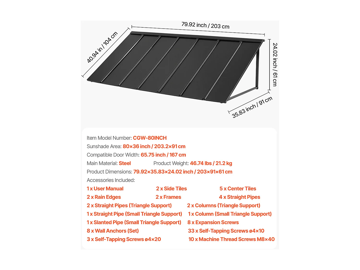 Voordeurluifel SucceBuy, 203x91 cm, Metalen Buitendeurluifel, Stalen Frame, voor Voordeuren, Veranda-ramen en Balkons