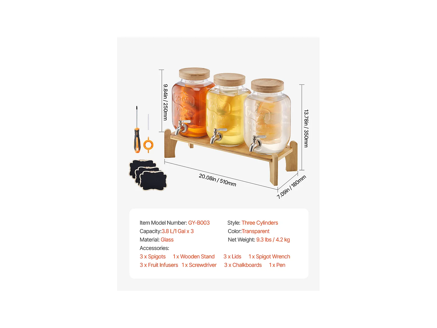 Distributeur de Boissons SucceBuy, Capacité de 3,8 L 3PCs, Fontaine à Eau en Verre, Distribution d’Eau Jus Limonade Thé Glacé, pour Café