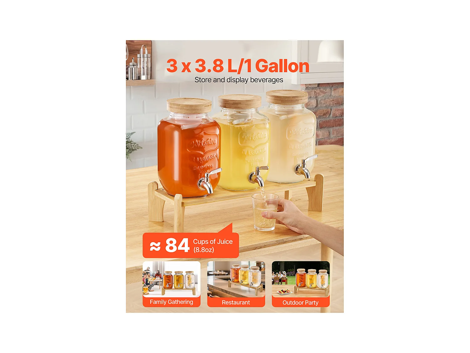 Distributeur de Boissons SucceBuy, Capacité de 3,8 L 3PCs, Fontaine à Eau en Verre, Distribution d’Eau Jus Limonade Thé Glacé, pour Café