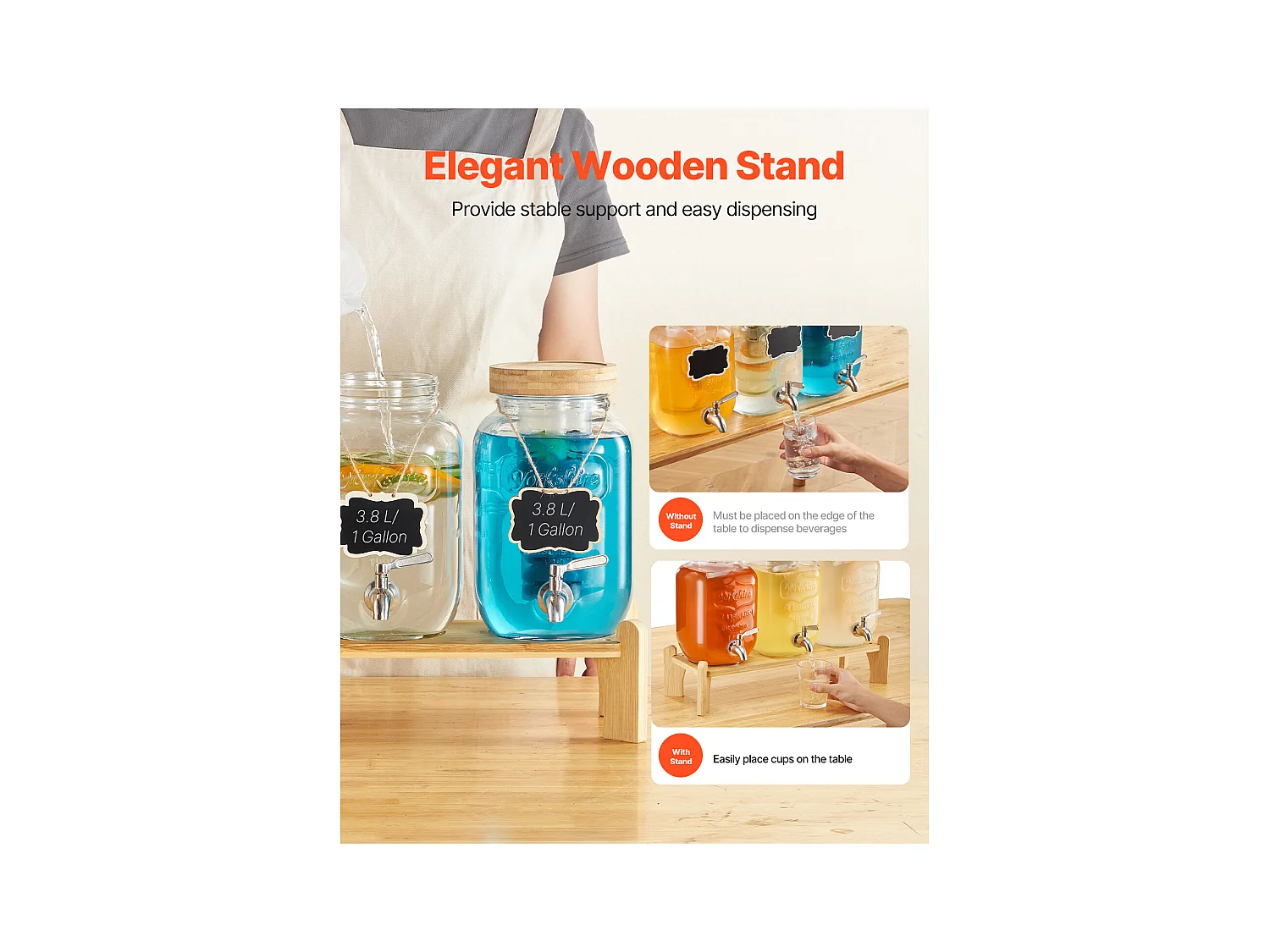 Distributeur de Boissons SucceBuy, Capacité de 3,8 L 3PCs, Fontaine à Eau en Verre, Distribution d’Eau Jus Limonade Thé Glacé, pour Café