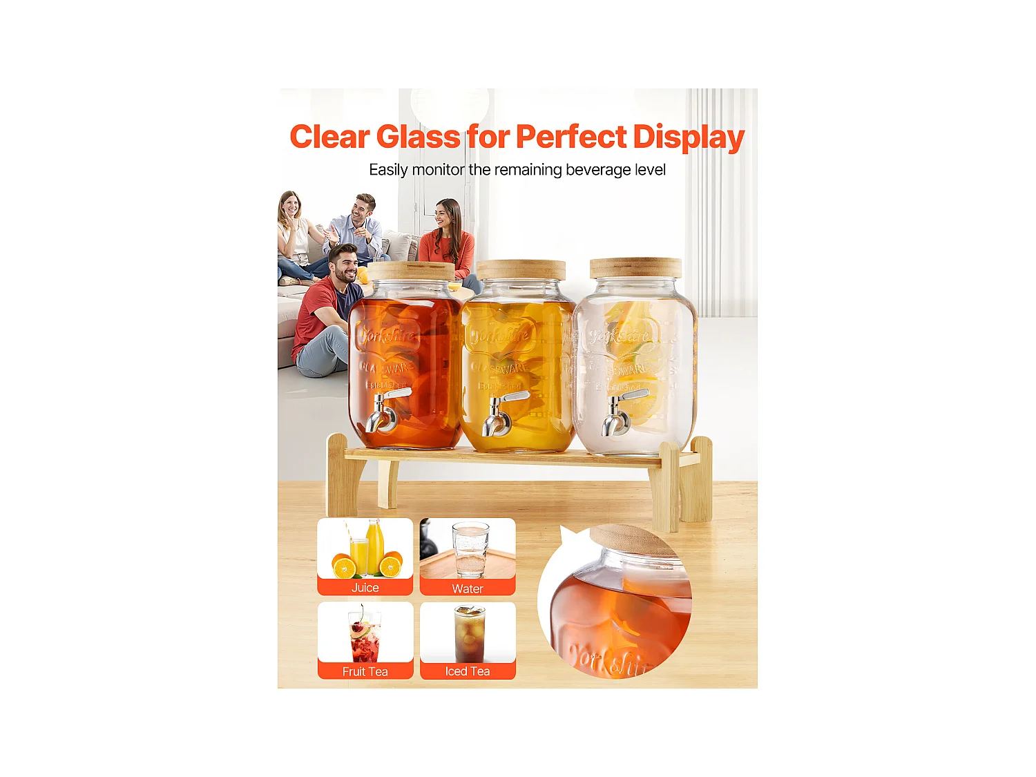 Distributeur de Boissons SucceBuy, Capacité de 3,8 L 3PCs, Fontaine à Eau en Verre, Distribution d’Eau Jus Limonade Thé Glacé, pour Café