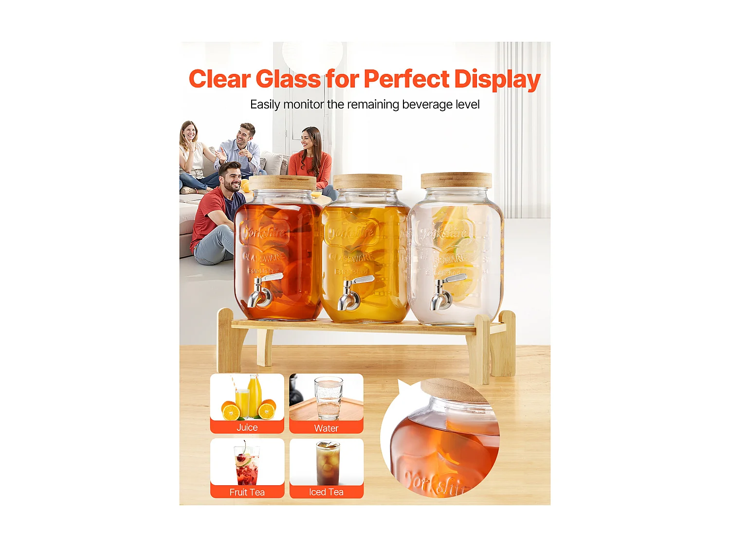 Distributeur de Boissons SucceBuy, Capacité de 3,8 L 3PCs, Fontaine à Eau en Verre, Distribution d’Eau Jus Limonade Thé Glacé, pour Café