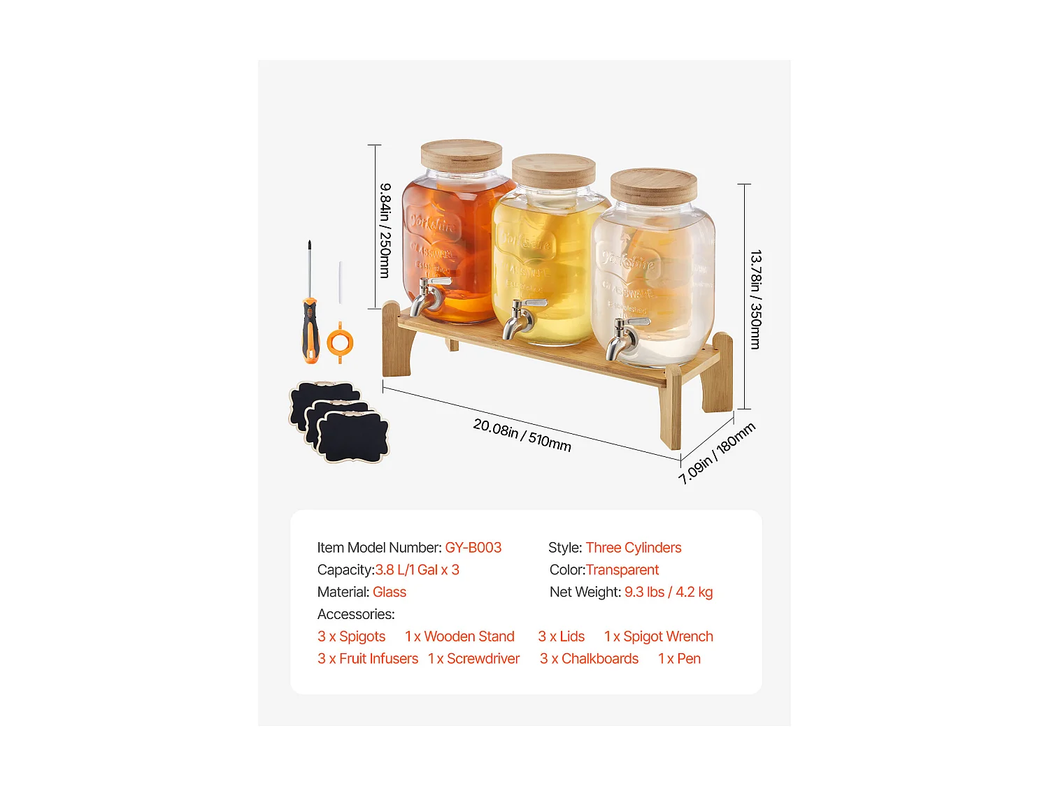 Distributeur de Boissons SucceBuy, Capacité de 3,8 L 3PCs, Fontaine à Eau en Verre, Distribution d’Eau Jus Limonade Thé Glacé, pour Café