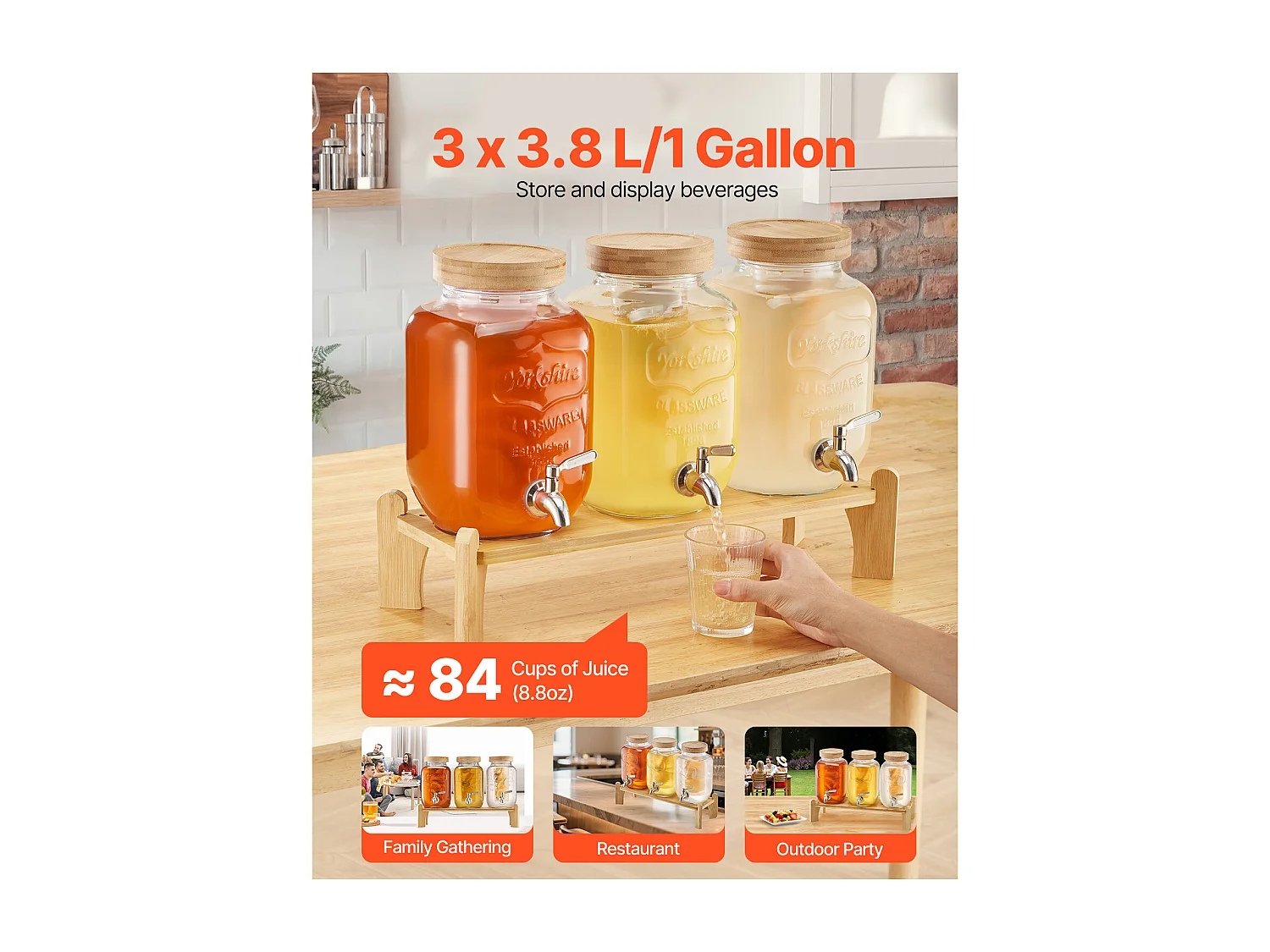 Distributeur de Boissons SucceBuy, Capacité de 3,8 L 3PCs, Fontaine à Eau en Verre, Distribution d’Eau Jus Limonade Thé Glacé, pour Café