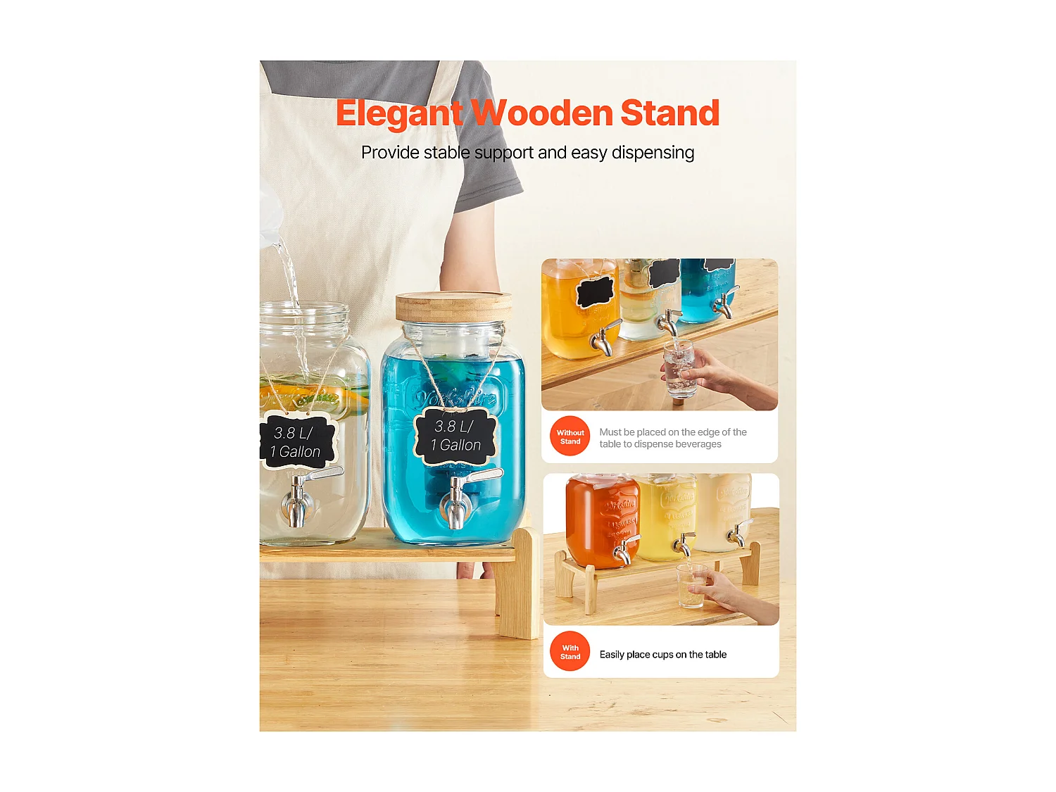 Distributeur de Boissons SucceBuy, Capacité de 3,8 L 3PCs, Fontaine à Eau en Verre, Distribution d’Eau Jus Limonade Thé Glacé, pour Café