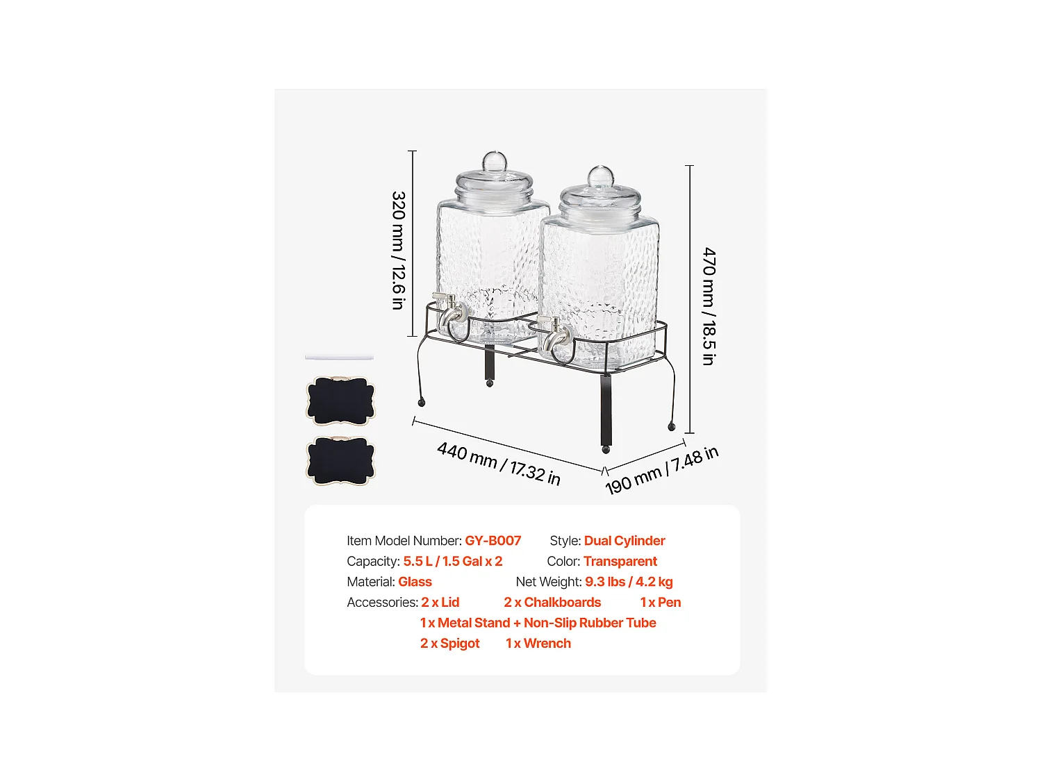 Distributeur de Boissons SucceBuy, Grande Capacité 5,5 L ,2PCs, Fontaine à Eau en Verre, Distribution d’Eau Jus Limonade Thé Glacé, pour Café