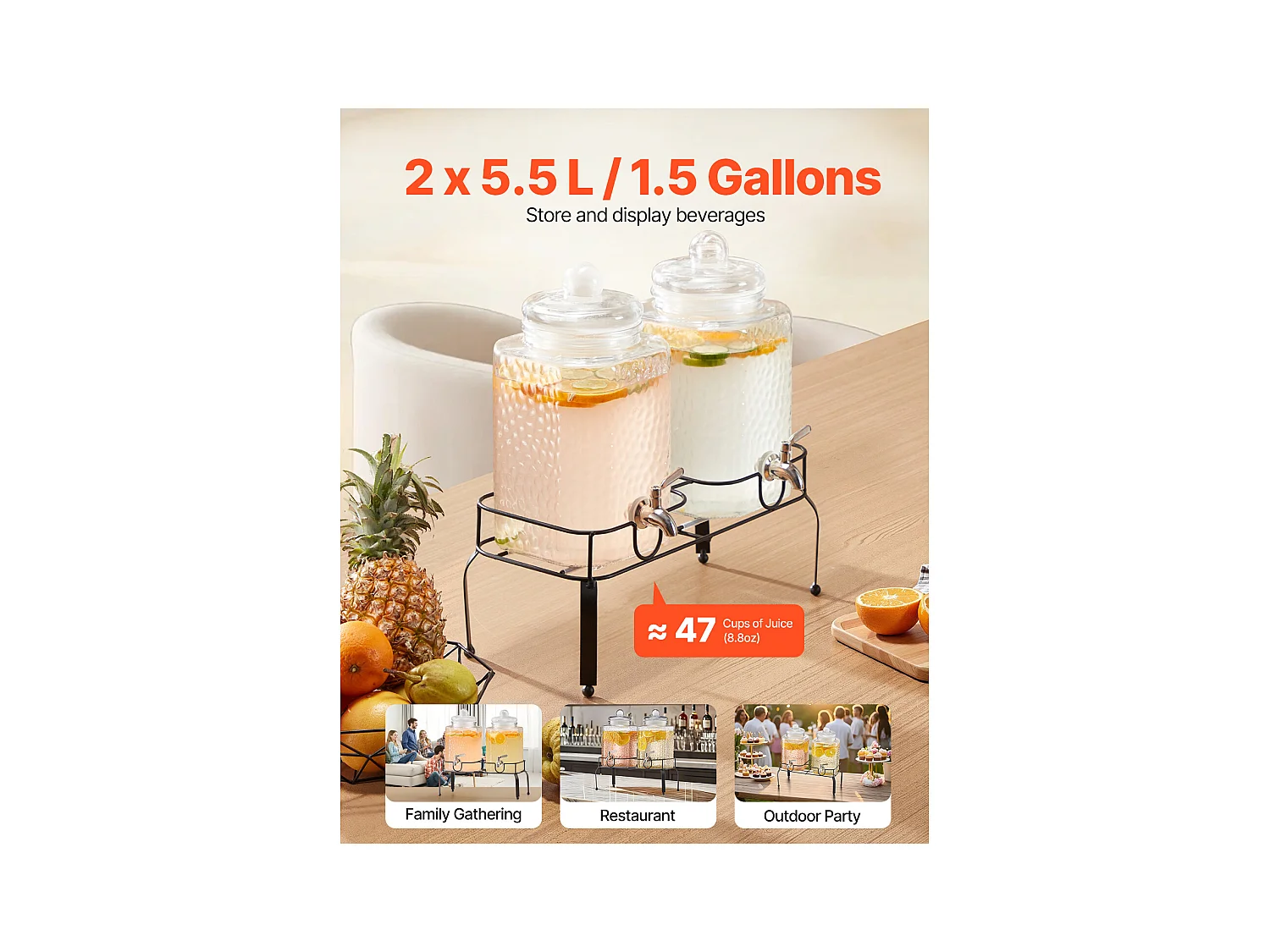 Distributeur de Boissons SucceBuy, Grande Capacité 5,5 L ,2PCs, Fontaine à Eau en Verre, Distribution d’Eau Jus Limonade Thé Glacé, pour Café