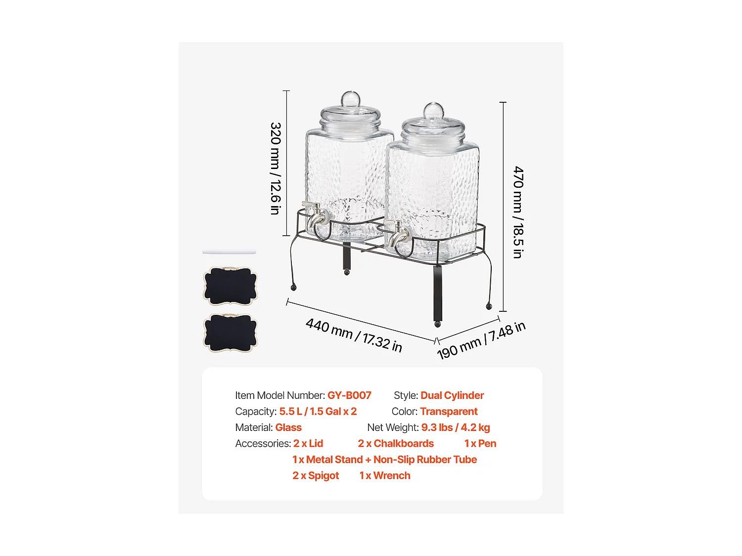 Distributeur de Boissons SucceBuy, Grande Capacité 5,5 L ,2PCs, Fontaine à Eau en Verre, Distribution d’Eau Jus Limonade Thé Glacé, pour Café