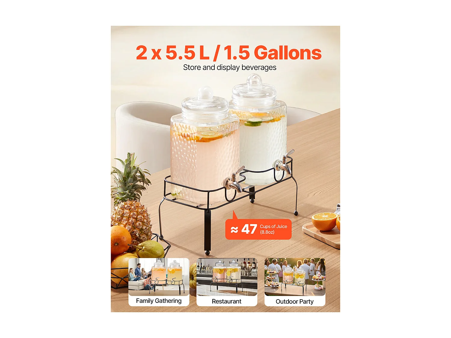 Distributeur de Boissons SucceBuy, Grande Capacité 5,5 L ,2PCs, Fontaine à Eau en Verre, Distribution d’Eau Jus Limonade Thé Glacé, pour Café