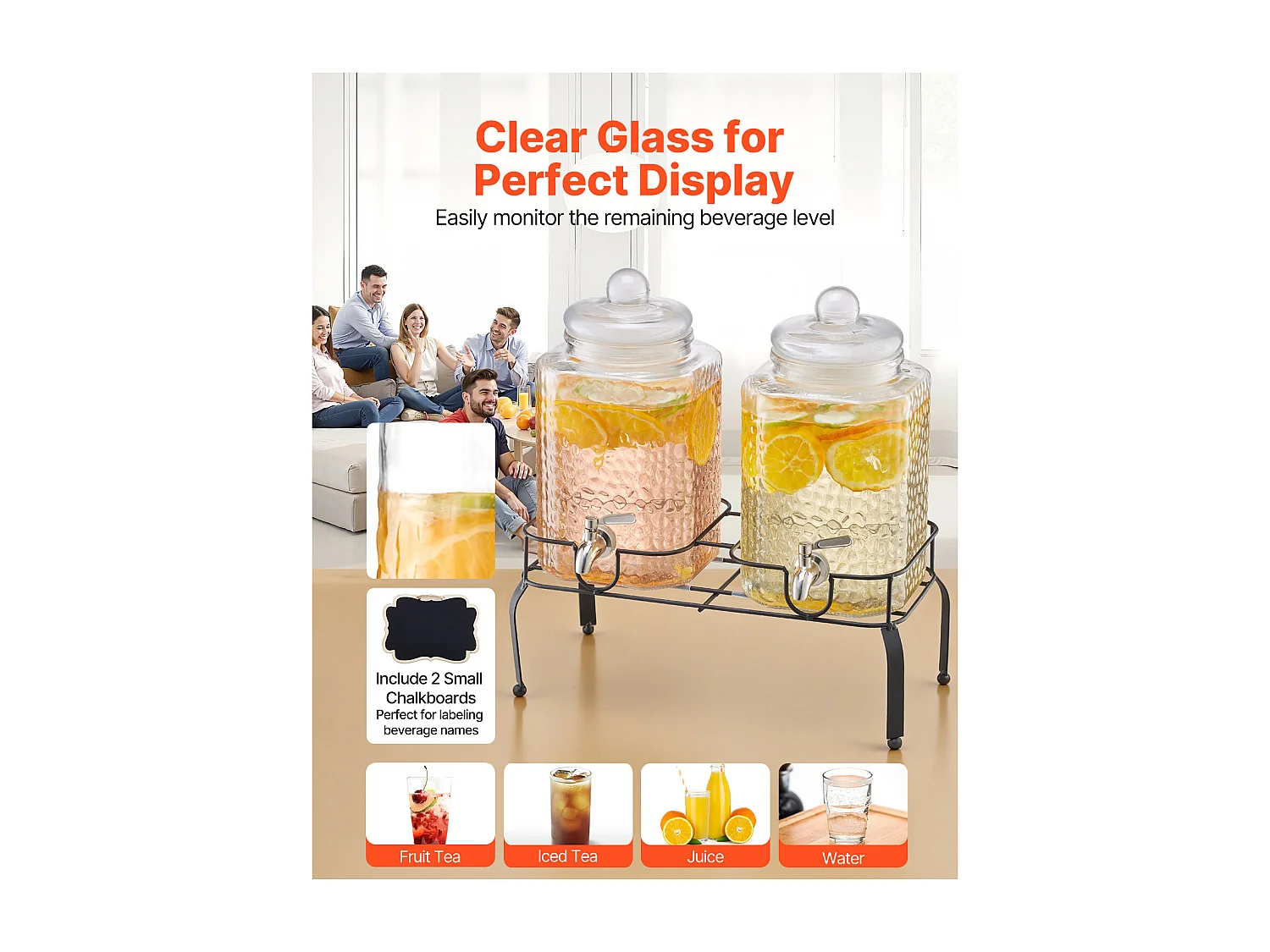 Distributeur de Boissons SucceBuy, Grande Capacité 5,5 L ,2PCs, Fontaine à Eau en Verre, Distribution d’Eau Jus Limonade Thé Glacé, pour Café