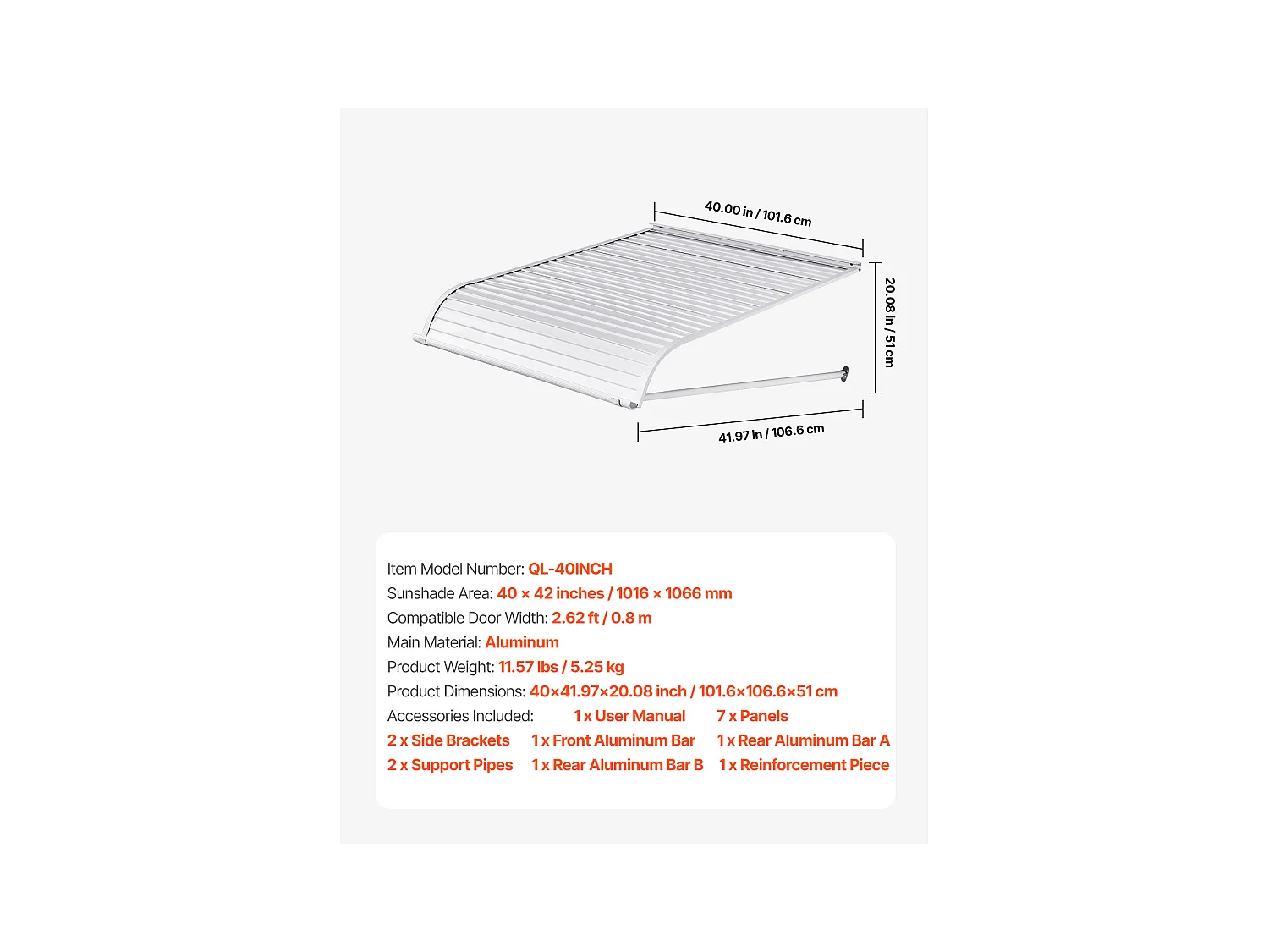 Auvent de Porte d'Entrée SucceBuy, 101,6x106,6 cm, Marquise de Porte Extérieure Aluminium, pour Portes d'Entrée, Fenêtres de Porches, Balcons
