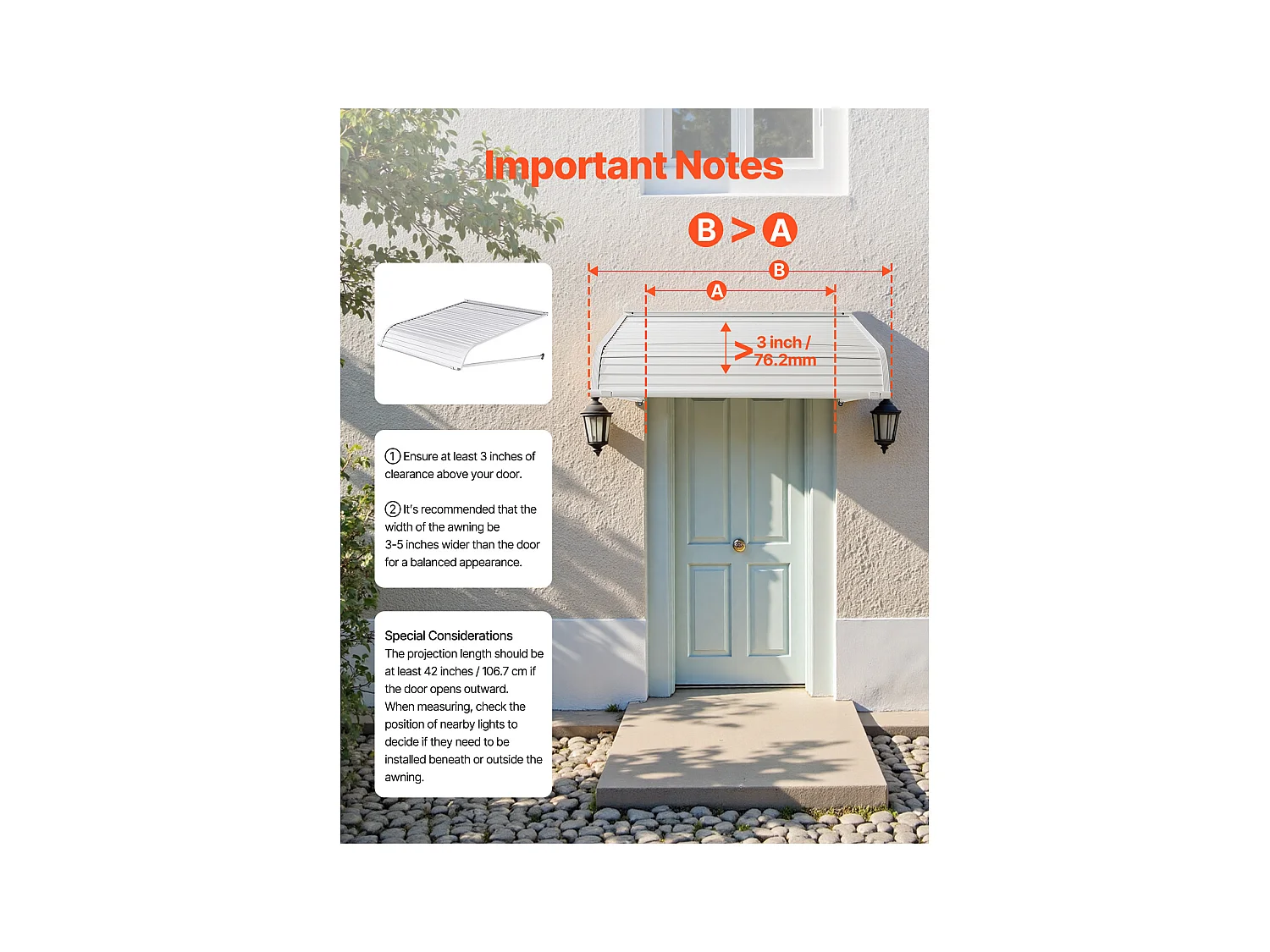 Auvent de Porte d'Entrée SucceBuy, 101,6x106,6 cm, Marquise de Porte Extérieure Aluminium, pour Portes d'Entrée, Fenêtres de Porches, Balcons