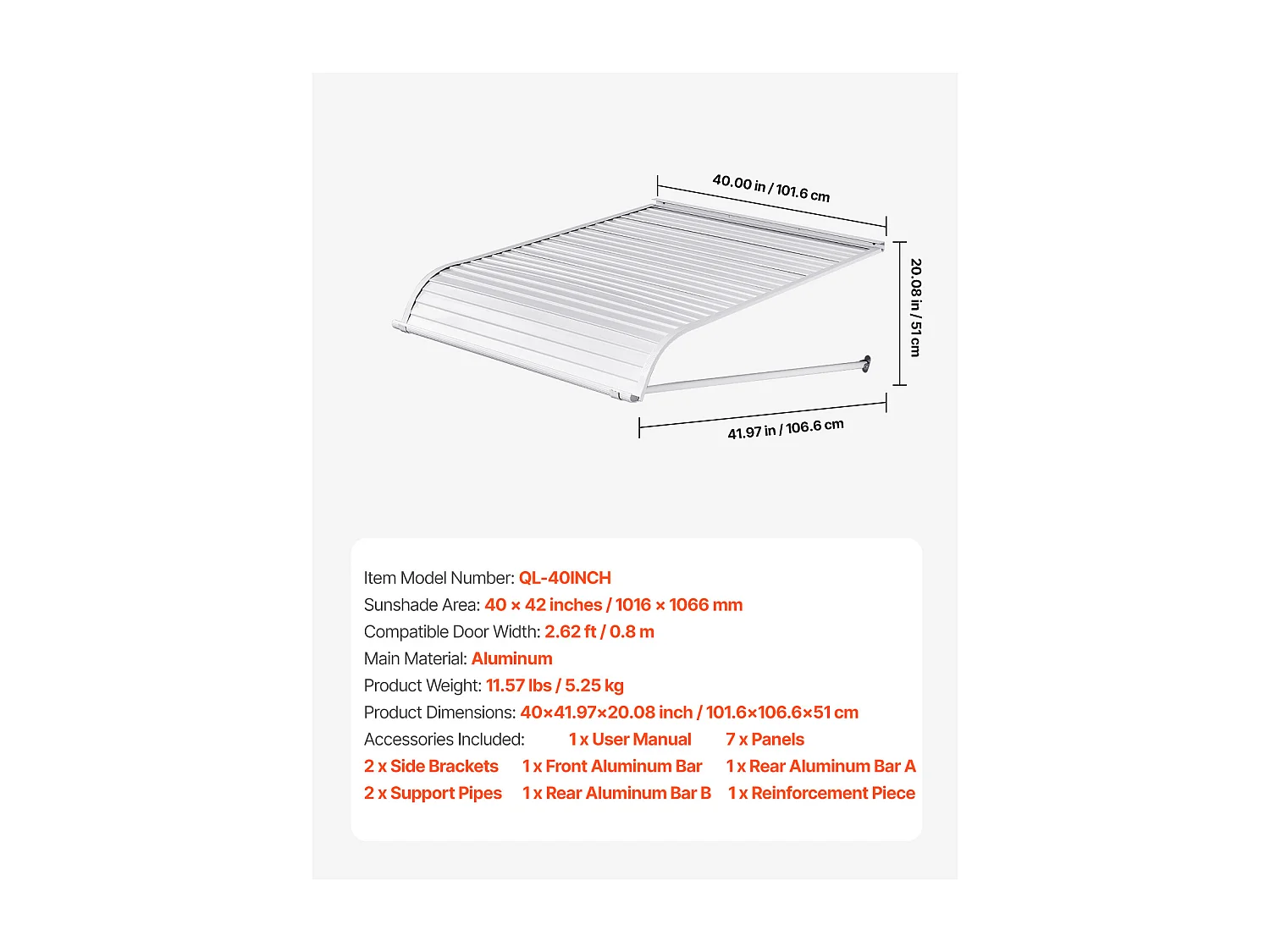 Auvent de Porte d'Entrée SucceBuy, 101,6x106,6 cm, Marquise de Porte Extérieure Aluminium, pour Portes d'Entrée, Fenêtres de Porches, Balcons