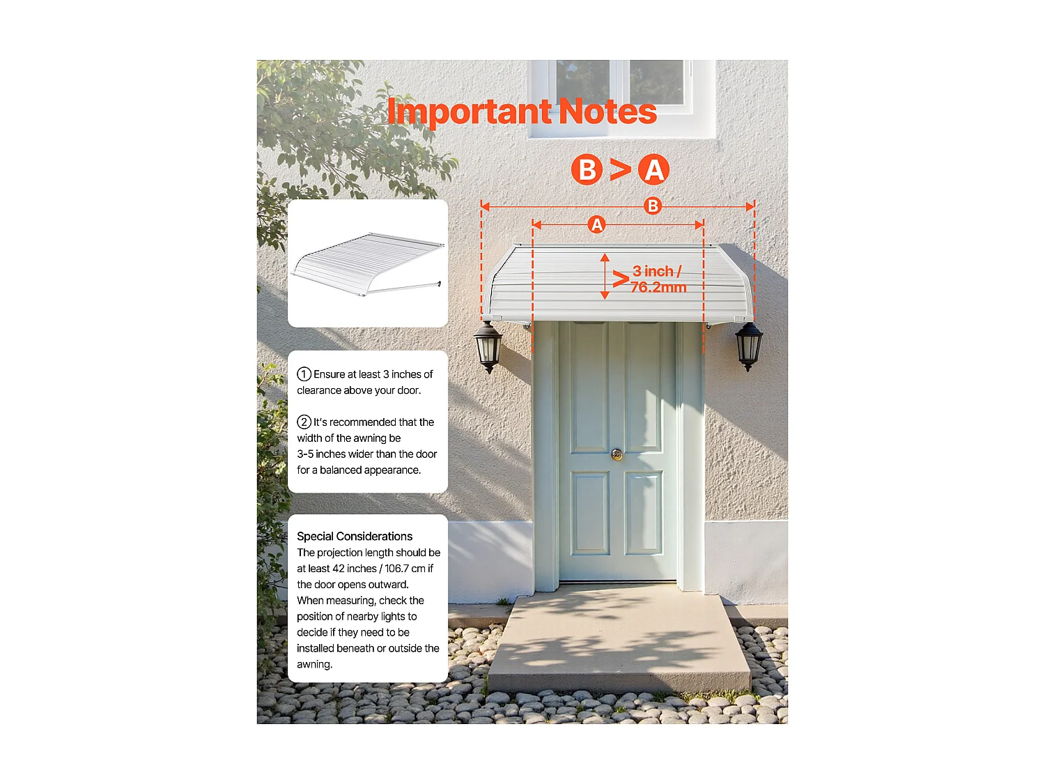 Auvent de Porte d'Entrée SucceBuy, 101,6x106,6 cm, Marquise de Porte Extérieure Aluminium, pour Portes d'Entrée, Fenêtres de Porches, Balcons