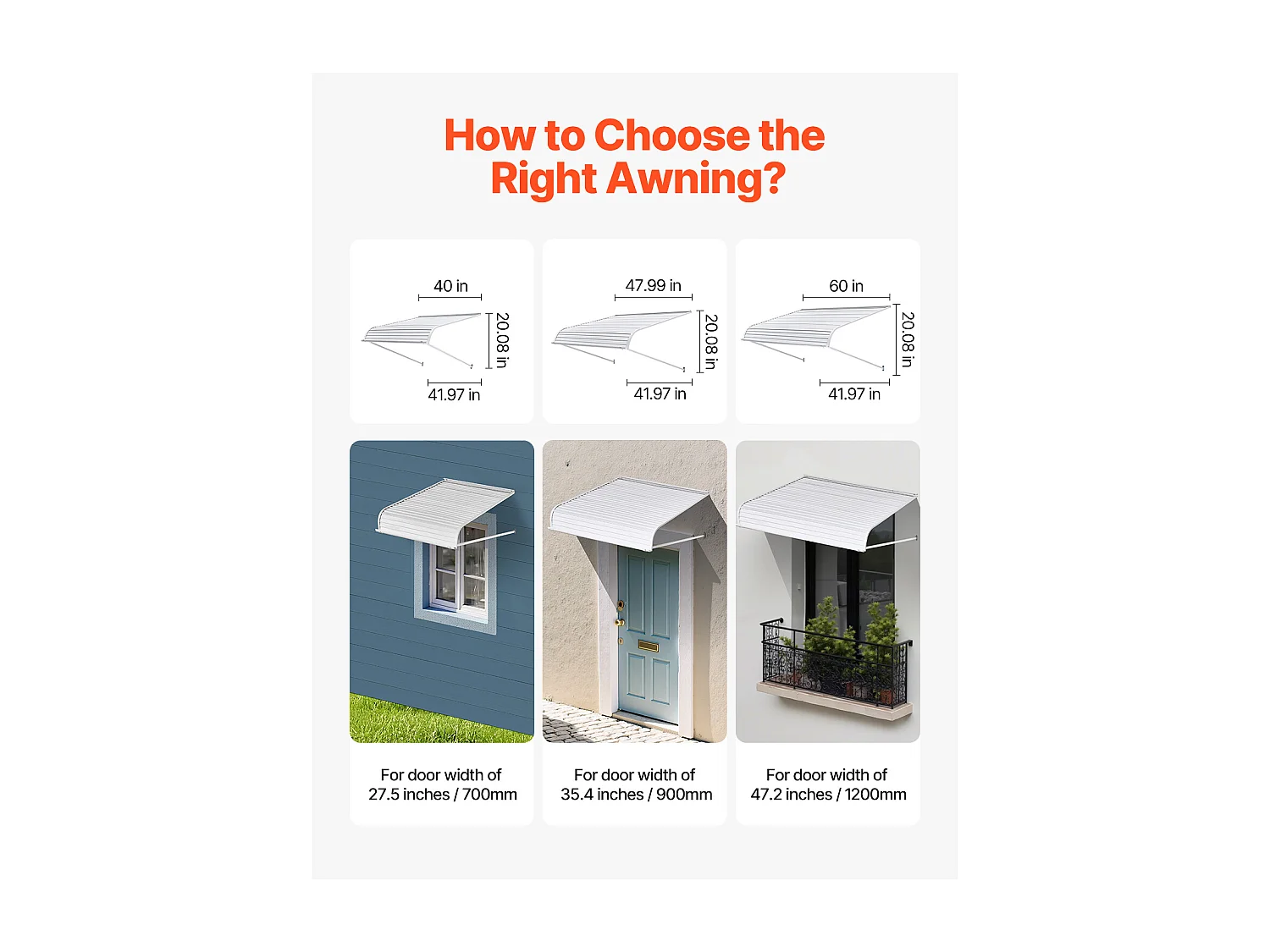 Auvent de Porte d'Entrée SucceBuy, 101,6x106,6 cm, Marquise de Porte Extérieure Aluminium, pour Portes d'Entrée, Fenêtres de Porches, Balcons